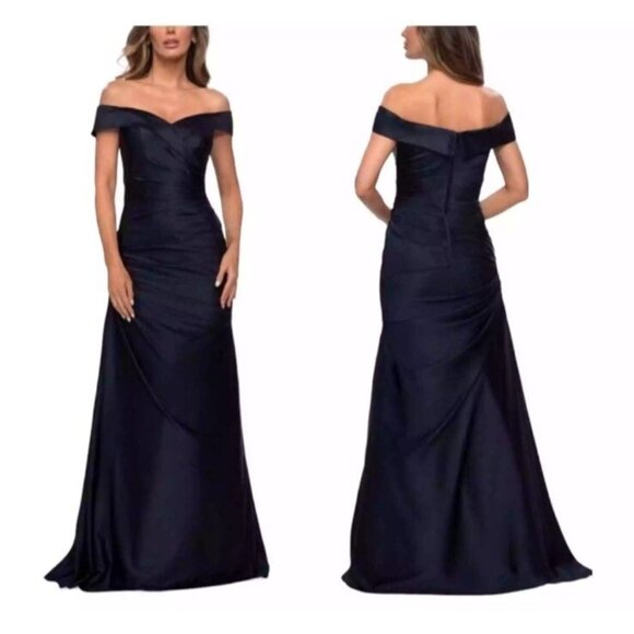 La Femme Women’s Size 18 Navy Blue Off Shoulder Satin Formal Evening Gown Dress - Picture 1 of 12